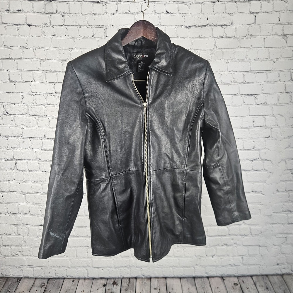 Style & Co Black Genuine Leather Zip Jacket Women Sz S Casual Minimalist Classic
